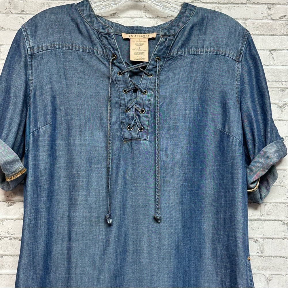 Philosophy Women’s Small Tencel Short Roll-Sleeves Tunic Dress Pockets READ - Picture 3 of 15